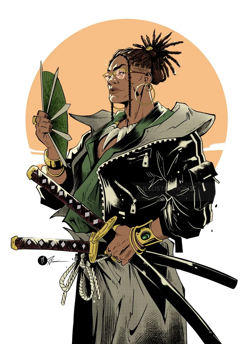 Street Samurai holding green cards with katana and dreadlocks by PJ Kaiowa