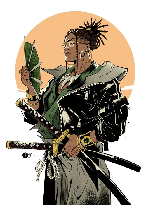 Street Samurai holding green cards with katana and dreadlocks by PJ Kaiowa
