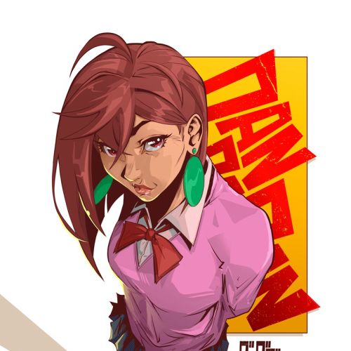 Digital artwork of Momo Ayase with red hair and green earrings by PJ Kaiowa