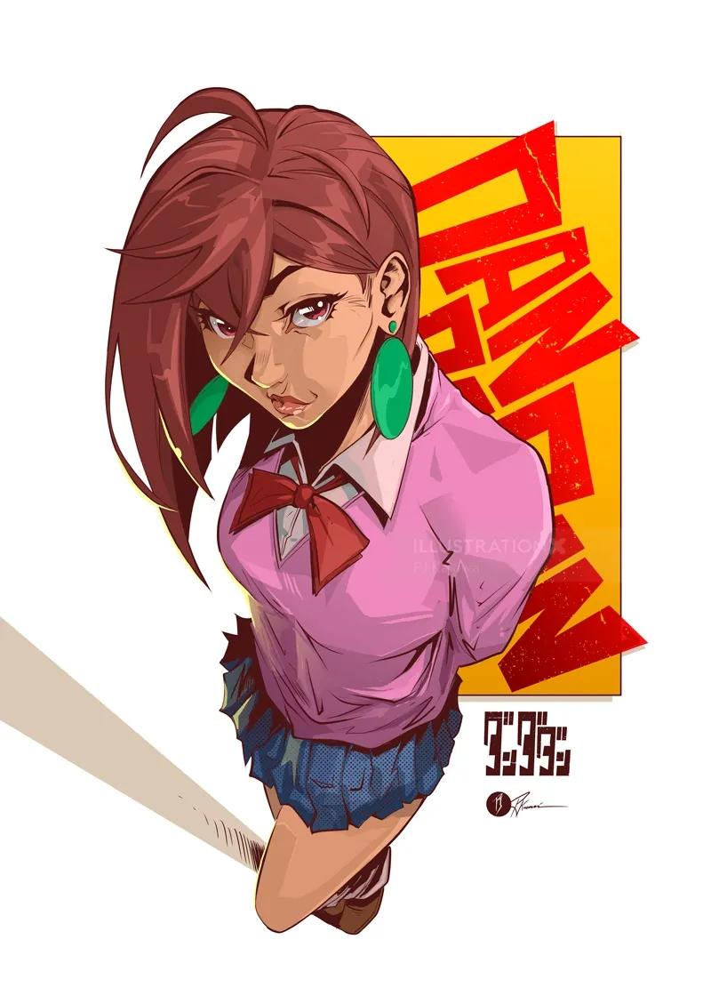 Digital artwork of Momo Ayase with red hair and green earrings by PJ Kaiowa
