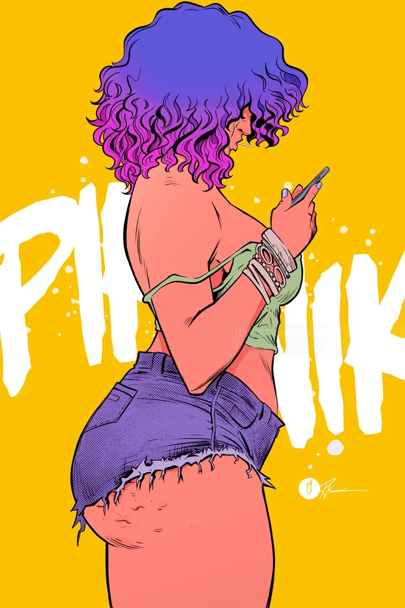 Woman with curly purple hair wearing shorts and holding a phone by PJ Kaiowa