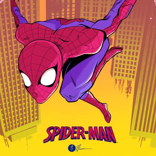 Spider-Man swinging through a city, illustrated by PJ Kaiowa