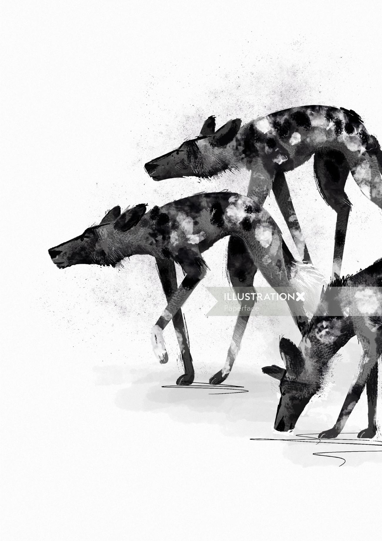 Black and white drawing of wolfs by Paperface