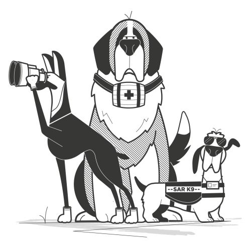 Rescue Dogs Work black and white illustration 