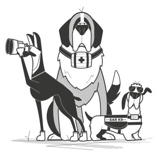 Cães de resgate trabalham ilustração em preto e branco 