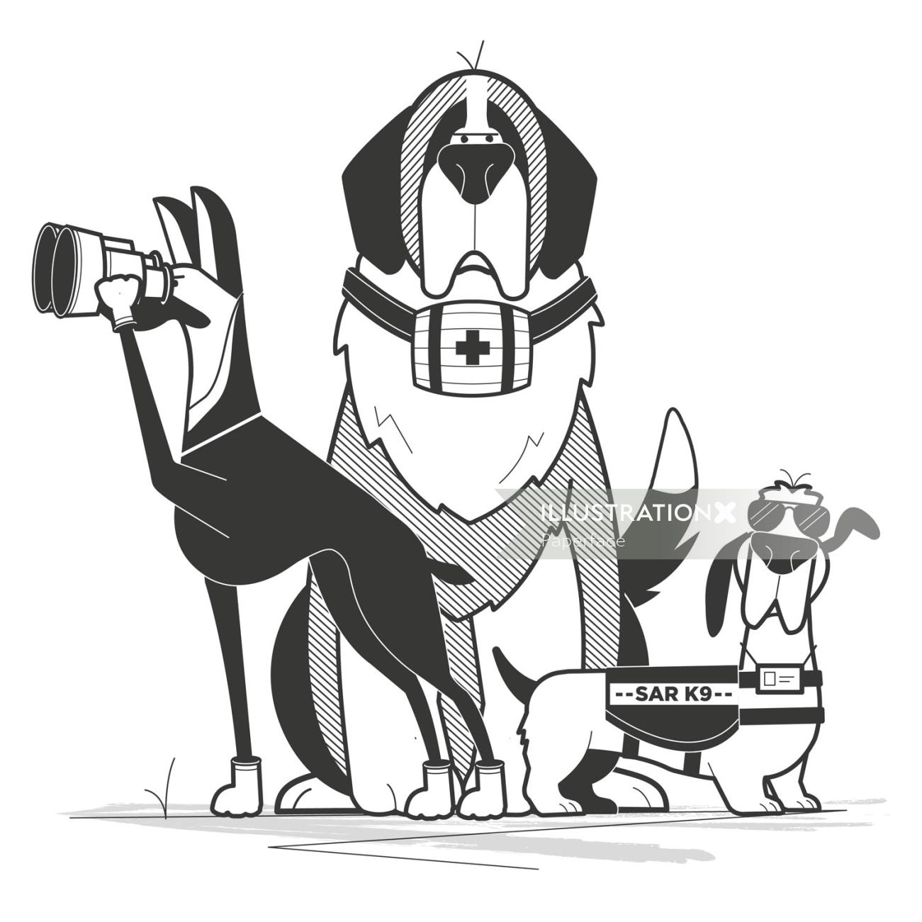 Rescue Dogs Work black and white illustration 