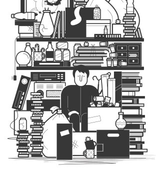 Ilustração a preto e branco da livraria