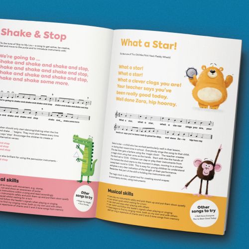 Open children's music book showing songs and animal illustrations by Paperface