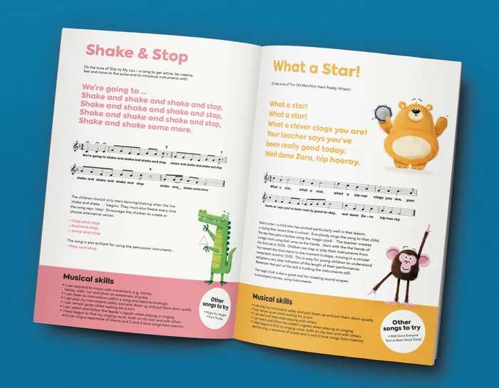 Open children's music book showing songs and animal illustrations by Paperface