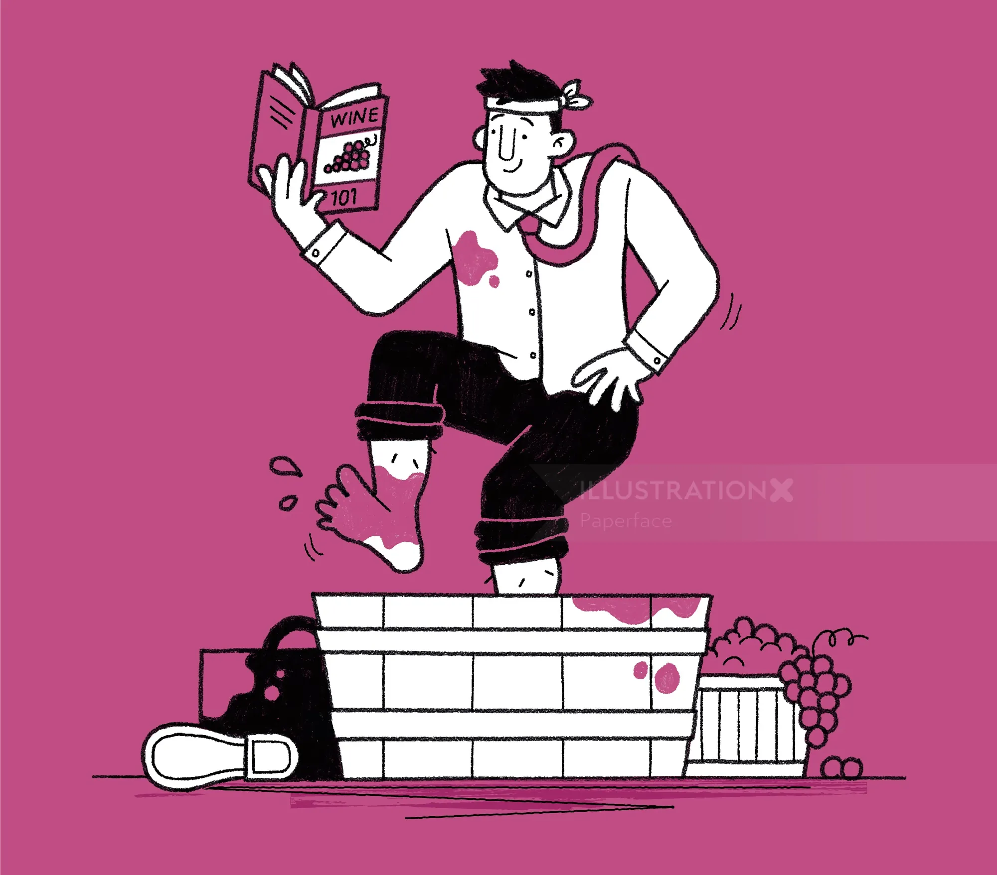 Illustration of man stomping grapes in tub holding wine book by Paperface.