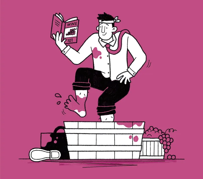 Illustration of man stomping grapes in tub holding wine book by Paperface.