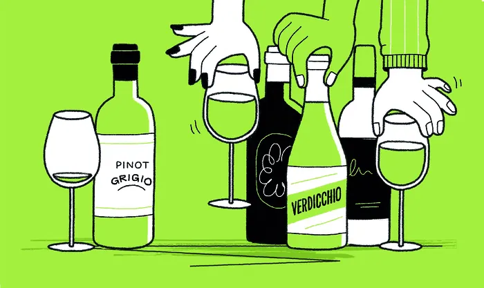 Wine bottles and glasses showing alternatives to Pinot Grigio by Paperface