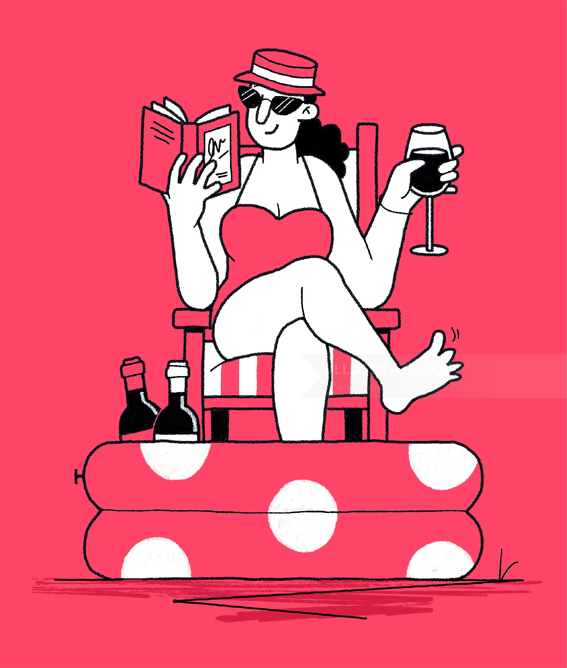 Woman relaxing in chair with book and wine glass by Paperface