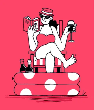 Woman relaxing in chair with book and wine glass by Paperface