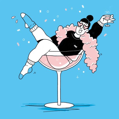 Line and color art of Women celebrating Pink Champagne
