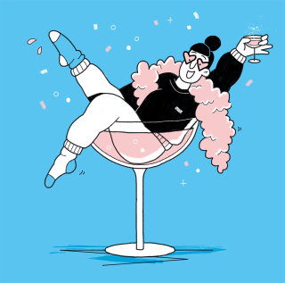 Line and color art of Women celebrating Pink Champagne