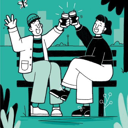 Illustration of two people toasting wine in cans by Paperface