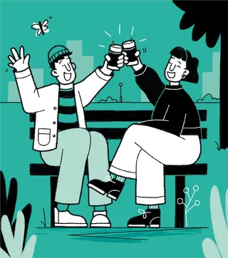 Illustration of two people toasting wine in cans by Paperface