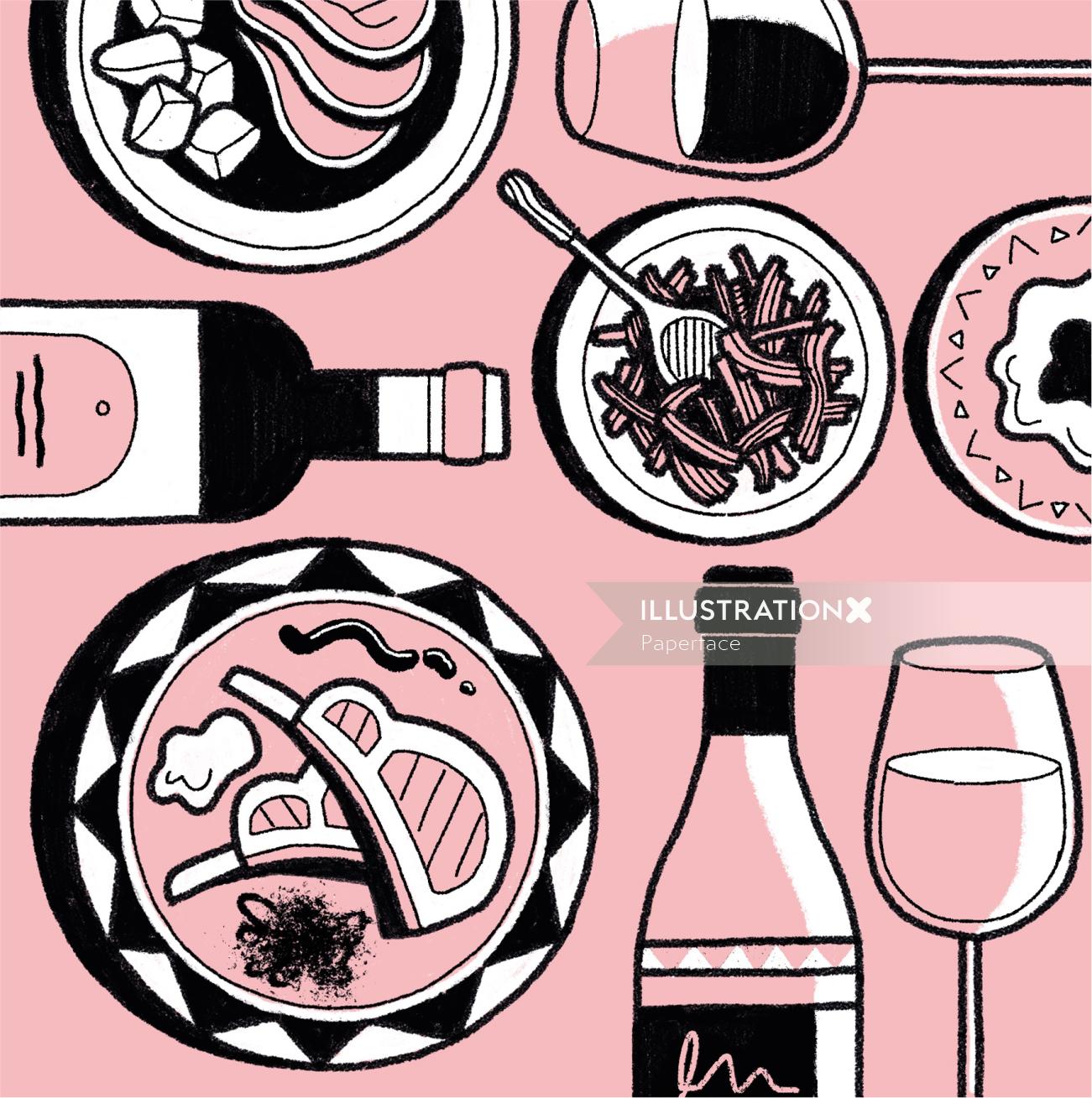 Wine to lamb pairing dishes food and drink illustration