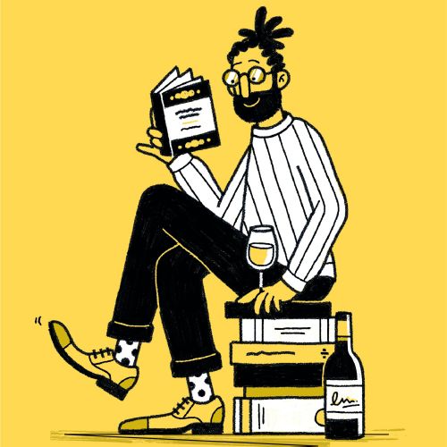 Man reading a book with wine, sitting on stacked books by Paperface