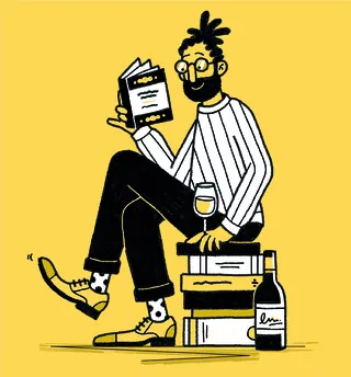 Man reading a book with wine, sitting on stacked books by Paperface
