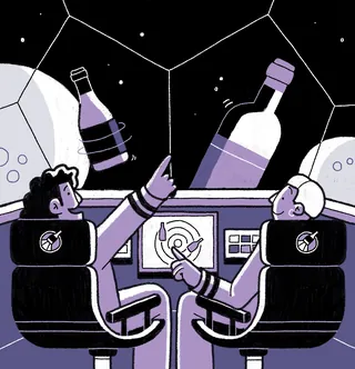 Astronauts in spacecraft observing floating wine bottles in space by Paperface