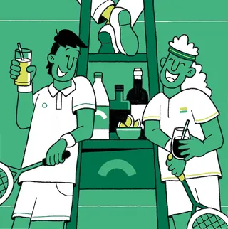 Two tennis players holding drinks and rackets near shelf, illustration by Paperface