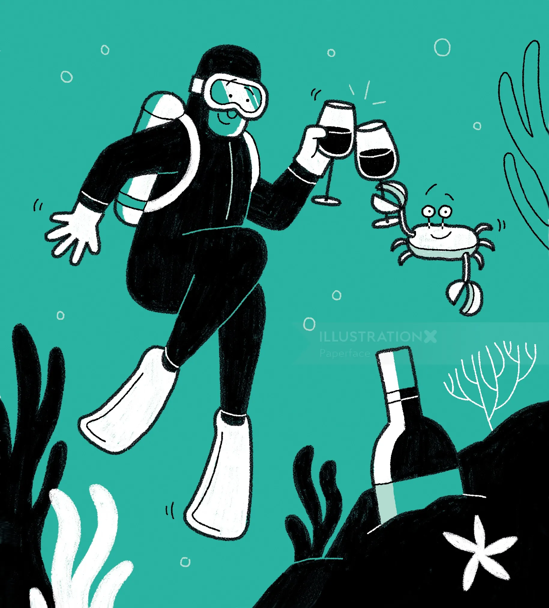 Diver toasting with a crab underwater by Paperface