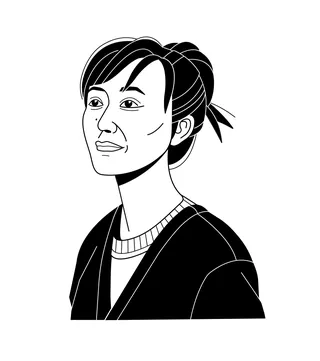 Minimalist black and white line art of woman, artwork by Paperface