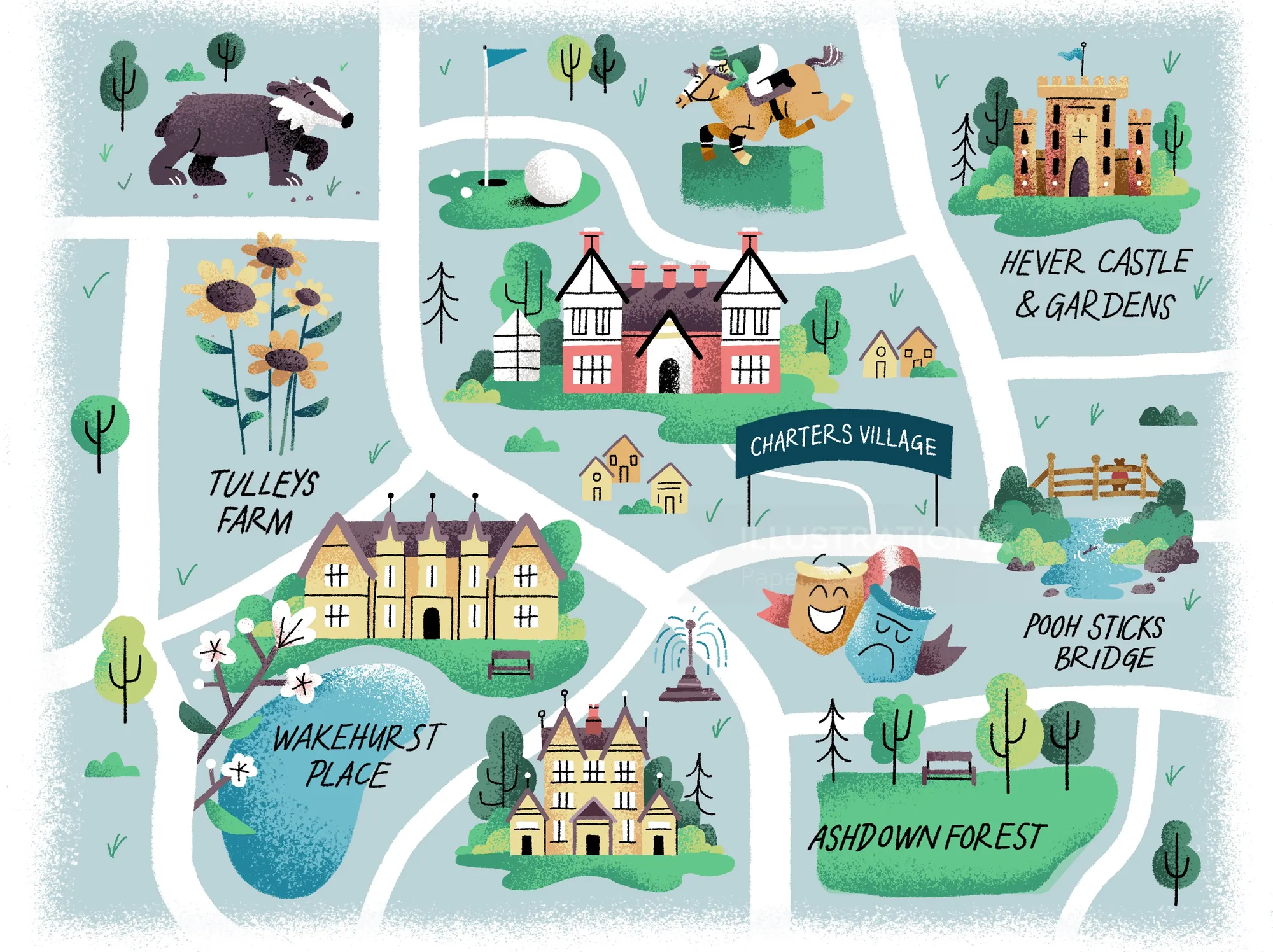 Illustrated Retirement Village map by Paperface showing villages and landmarks