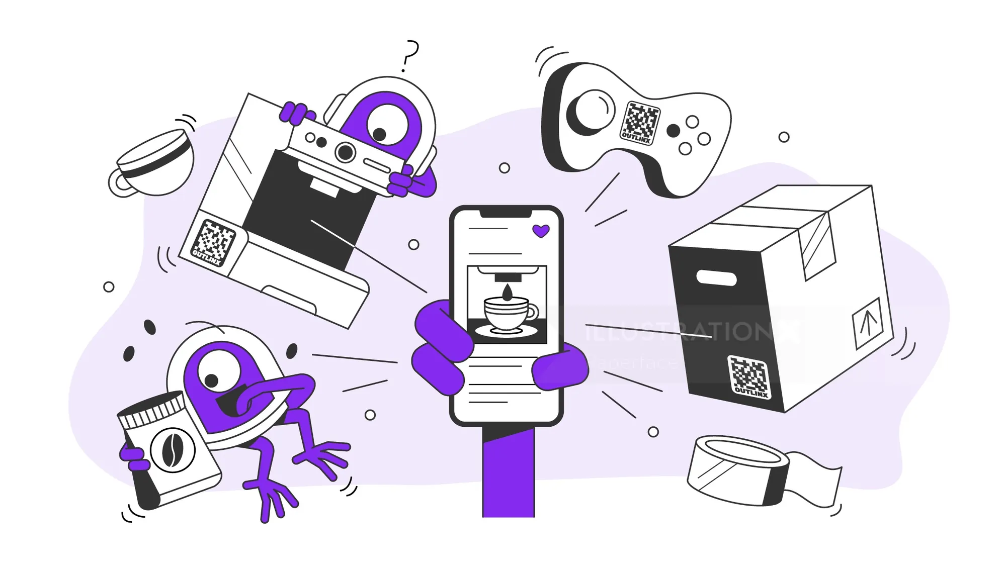 Illustration of robot arm holding phone with connected gadgets by Paperface