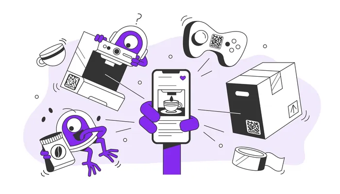 Illustration of robot arm holding phone with connected gadgets by Paperface