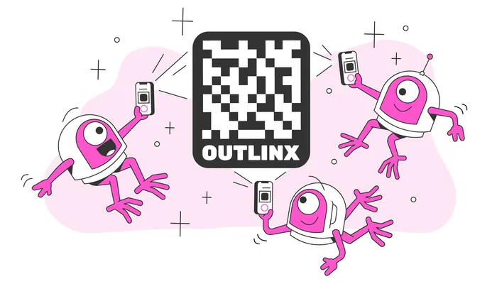 Three pink robots holding phones around a QR code OUTLINX by Paperface