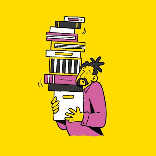 Person carrying a tall stack of books and boxes by Paperface