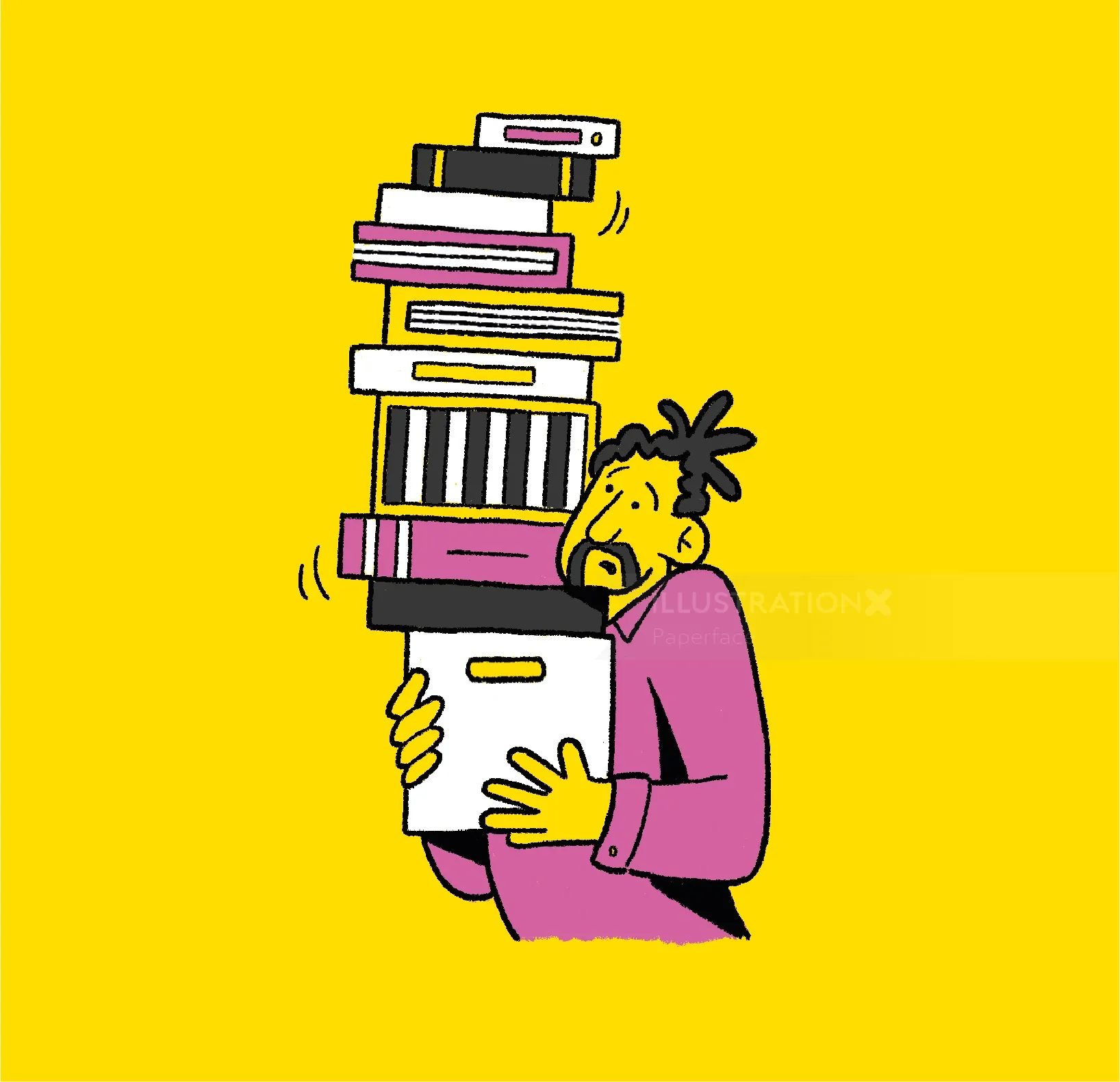 Persona que lleva una pila alta de libros y cajas por Paperface
