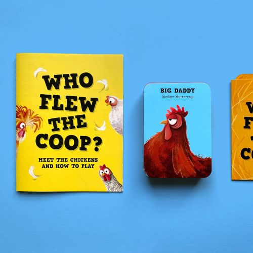 Who Flew the Coop card game with chicken characters and instructions