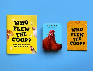 Who Flew the Coop card game with chicken characters and instructions