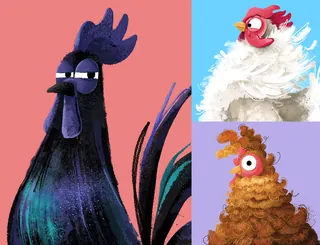 Three colorful animated chicken characters on pastel backgrounds