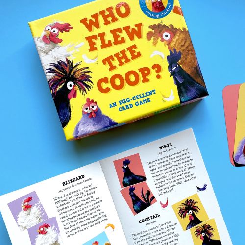 Colorful card game with chicken characters and cards displayed