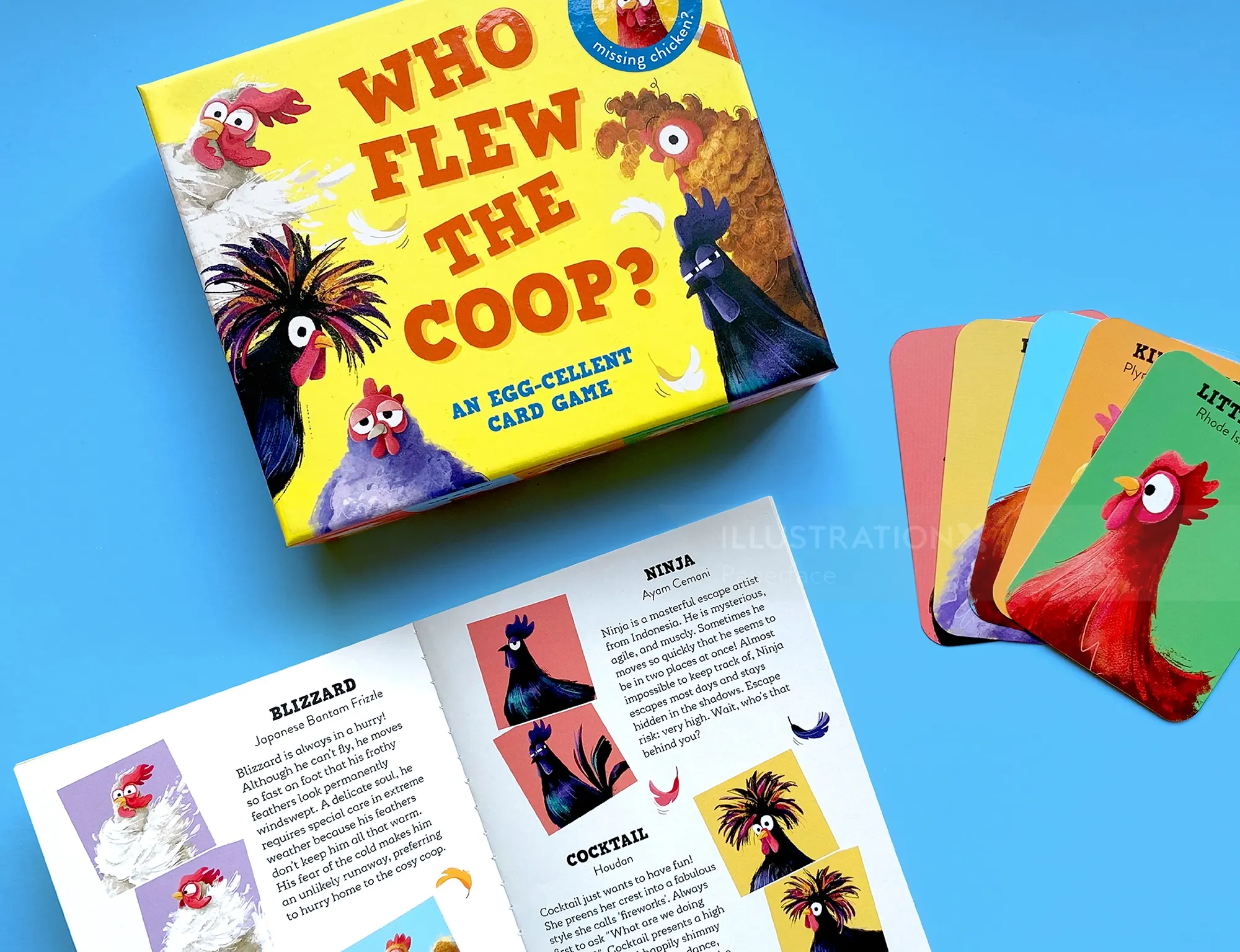 Colorful card game with chicken characters and cards displayed