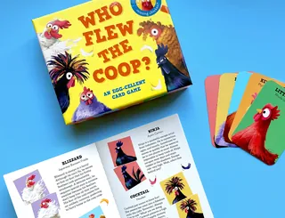 Colorful card game with chicken characters and cards displayed