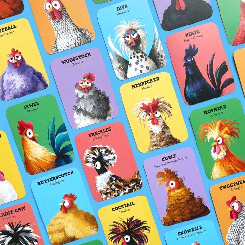 Colorful illustrated chicken characters from a card game