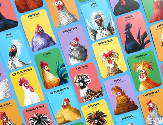 Colorful illustrated chicken characters from a card game