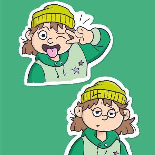 Two cartoon kids in green hoodies and yellow hats showing different expressions