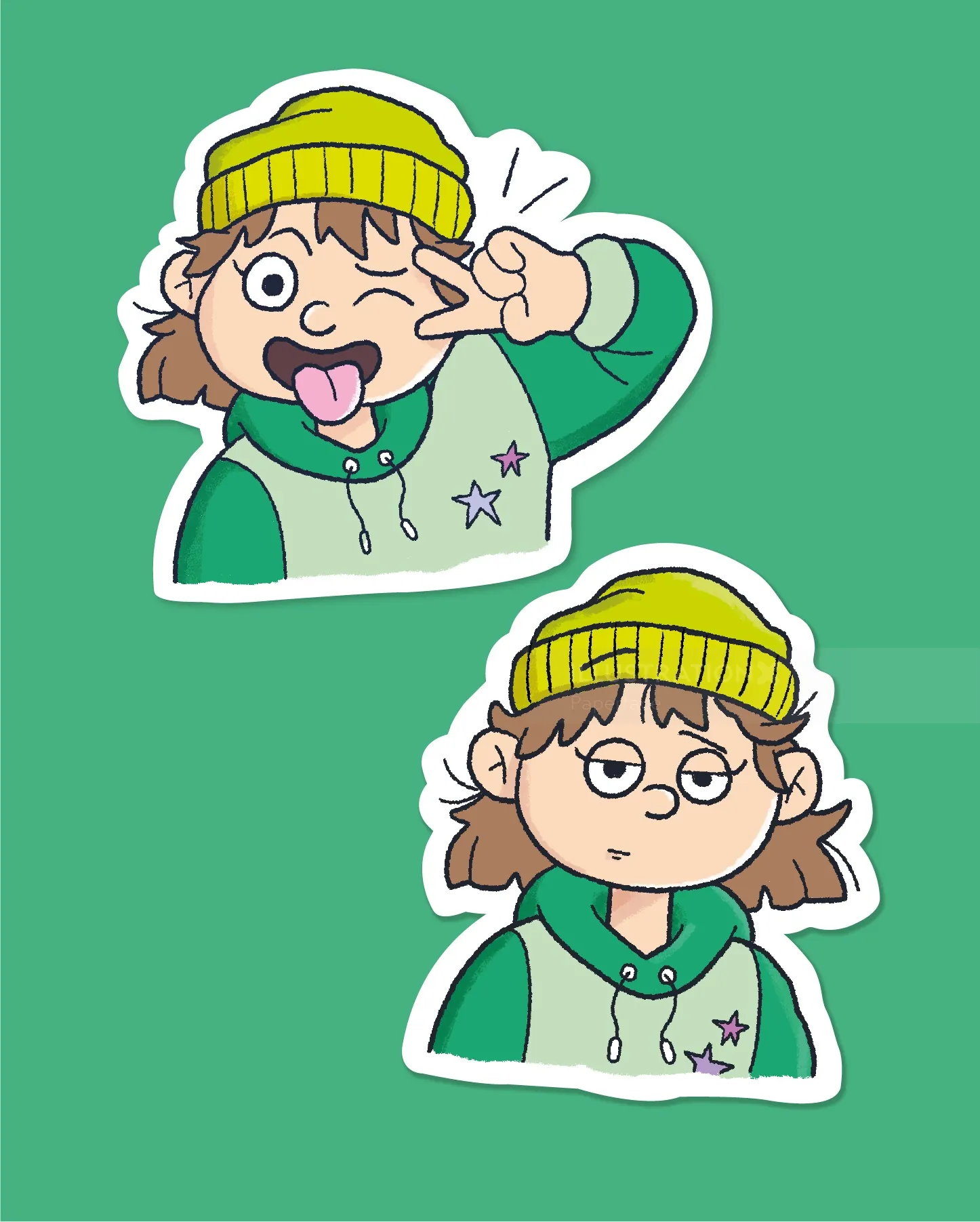Two cartoon kids in green hoodies and yellow hats showing different expressions