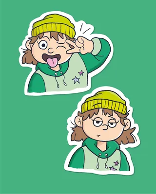 Two cartoon kids in green hoodies and yellow hats showing different expressions