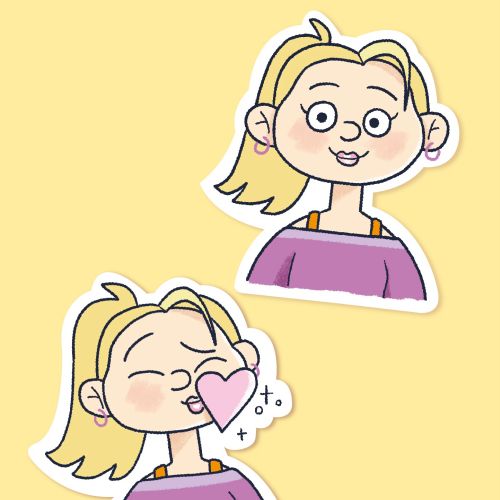 Two cartoon girls with blonde hair in purple tops on yellow background