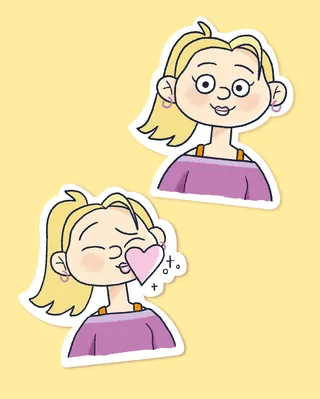 Two cartoon girls with blonde hair in purple tops on yellow background