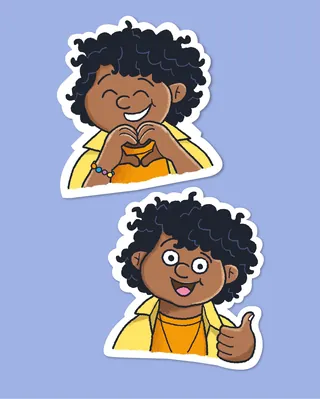 Two cheerful children making heart and thumbs up gestures