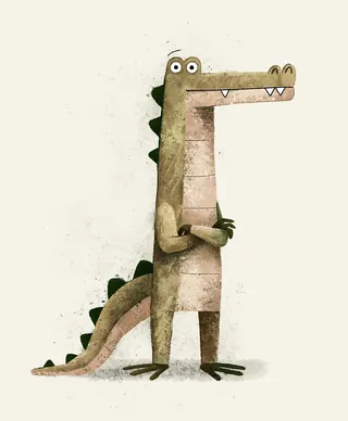 Cartoon crocodile standing upright with crossed arms and a smile.